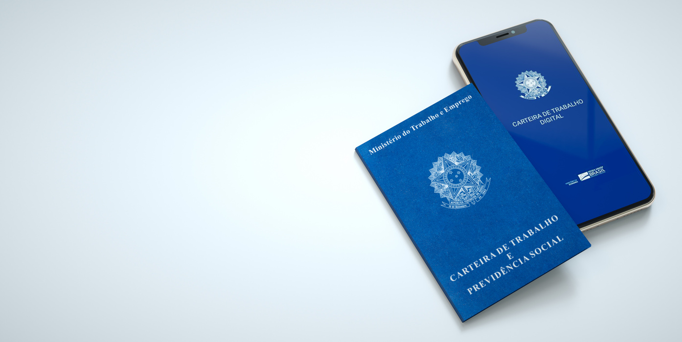 Smartphone with new digital workbook app on screen. Brazilian work document and social security document on white background. 3D Rendering.